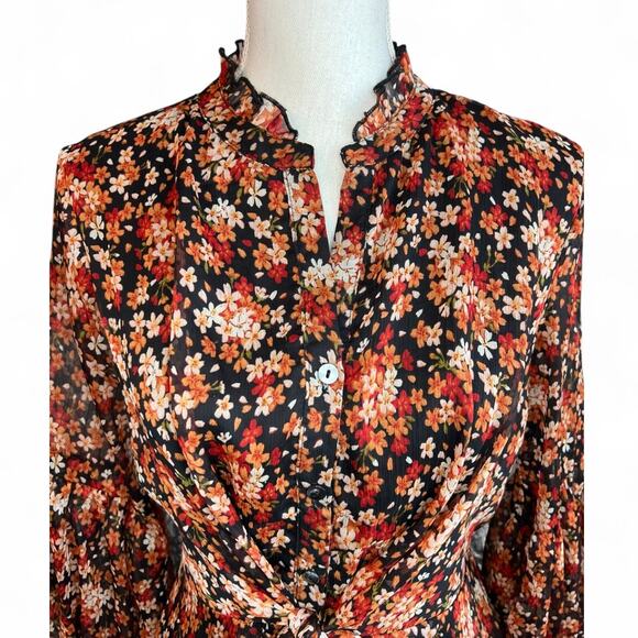 Aakaa floral long sleeve mini dress orange ruffle skirt fall autumn boho - Picture 4 of 10